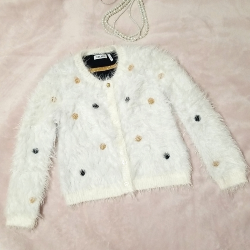 IKKS Designer Girl's White Fuzzy Knit Embroidered Buttoned Cardigan Sweater